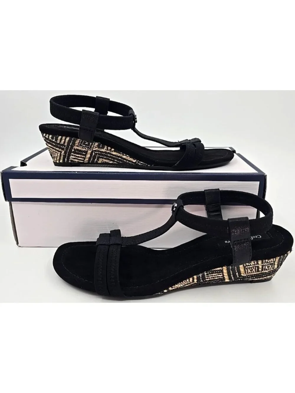 Croft & Barrow Stella Wedge Sandals Strappy Stretch Flexible Outsole Black 8.5 M